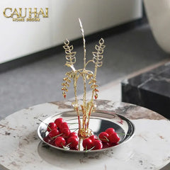 Elysian - Khay Tròn Đĩa Trái Cây Platinum Métallique Golden Eucalyptus Branch D30-KHAY TRANG TRÍ-CẬU HAI HOME DECOR