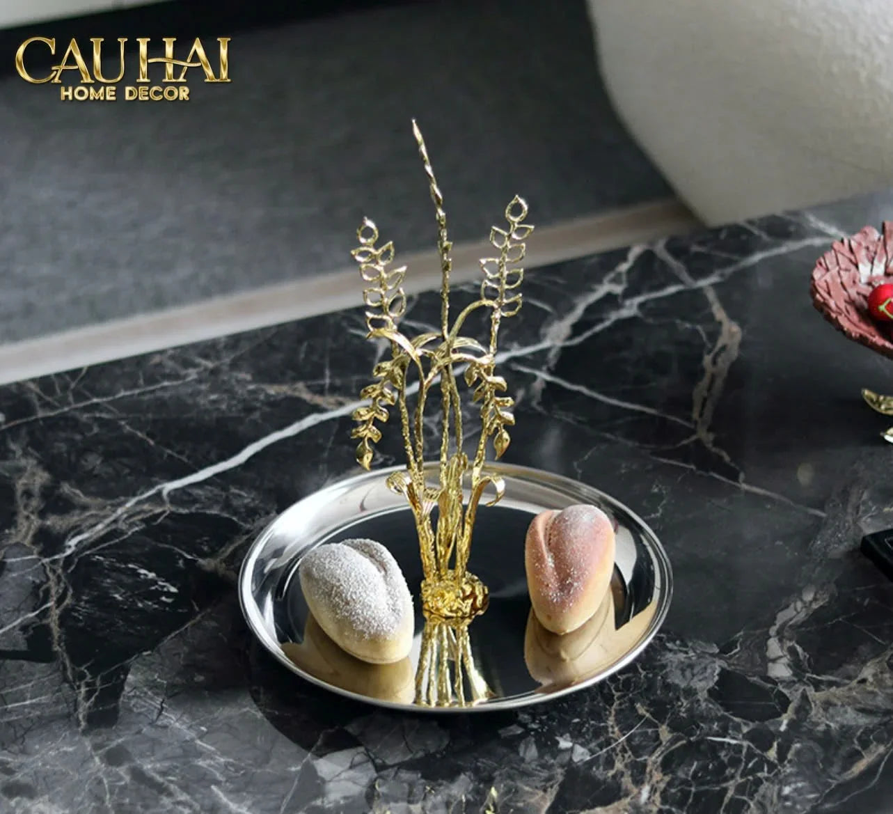 Elysian - Khay Tròn Đĩa Trái Cây Platinum Métallique Golden Eucalyptus Branch D30-KHAY TRANG TRÍ-CẬU HAI HOME DECOR