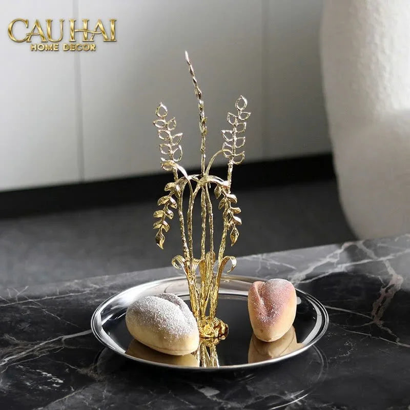 Elysian - Khay Tròn Đĩa Trái Cây Platinum Métallique Golden Eucalyptus Branch D30-KHAY TRANG TRÍ-CẬU HAI HOME DECOR