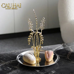 Elysian - Khay Tròn Đĩa Trái Cây Platinum Métallique Golden Eucalyptus Branch D30-KHAY TRANG TRÍ-CẬU HAI HOME DECOR