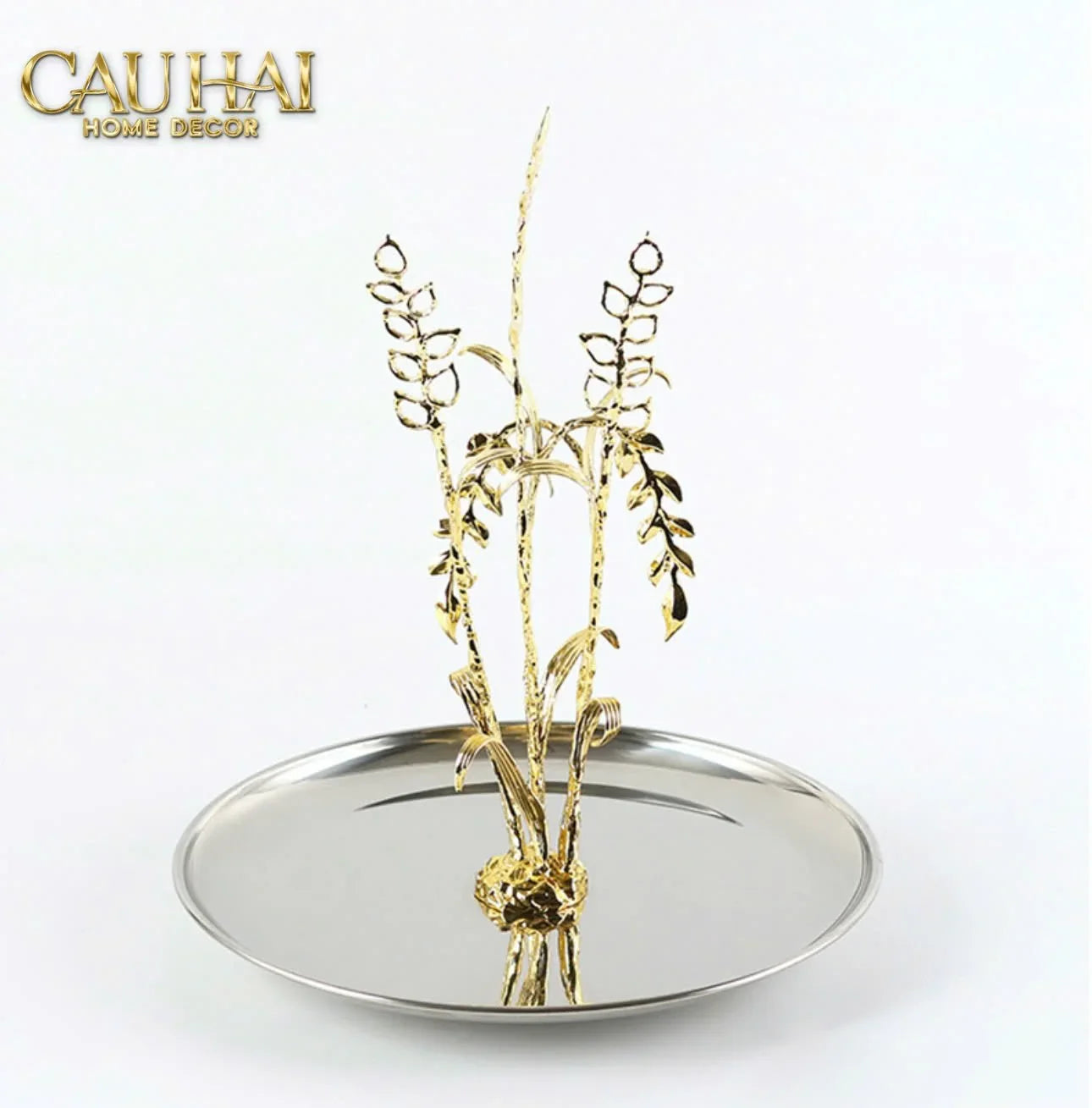 Elysian - Khay Tròn Đĩa Trái Cây Platinum Métallique Golden Eucalyptus Branch D30-KHAY TRANG TRÍ-CẬU HAI HOME DECOR