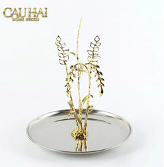 Elysian - Khay Tròn Đĩa Trái Cây Platinum Métallique Golden Eucalyptus Branch D30-KHAY TRANG TRÍ-CẬU HAI HOME DECOR