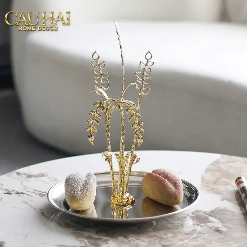 Elysian - Khay Tròn Đĩa Trái Cây Platinum Métallique Golden Eucalyptus Branch D30-KHAY TRANG TRÍ-CẬU HAI HOME DECOR