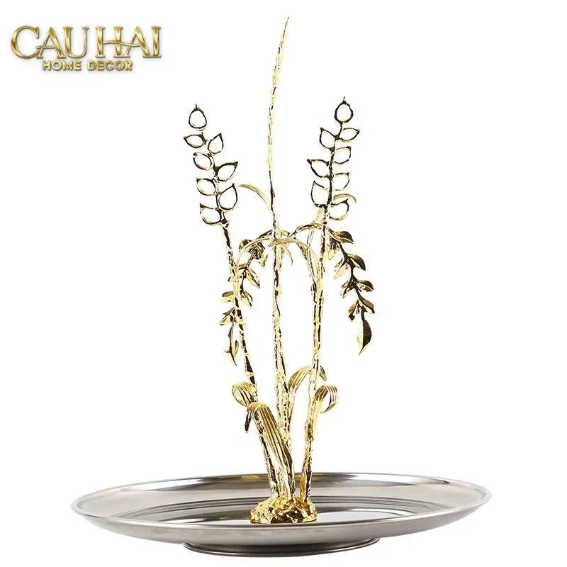 Elysian - Khay Tròn Đĩa Trái Cây Platinum Métallique Golden Eucalyptus Branch D30-KHAY TRANG TRÍ-CẬU HAI HOME DECOR