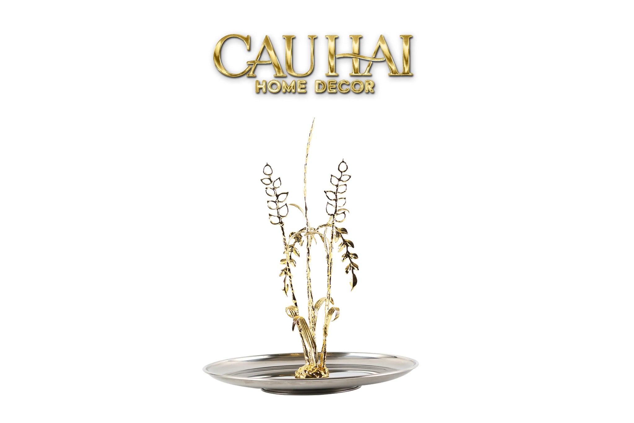 Elysian - Khay Tròn Đĩa Trái Cây Platinum Métallique Golden Eucalyptus Branch D30-KHAY TRANG TRÍ-CẬU HAI HOME DECOR