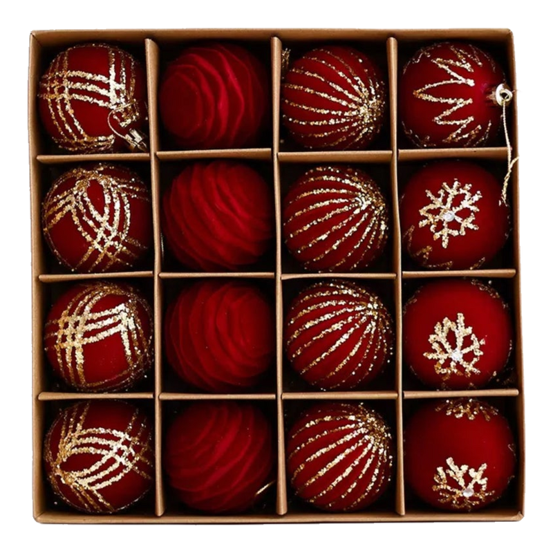 Fêtes Couture - Set of Rouge Velour Christmas Ornaments, 16 Pcs