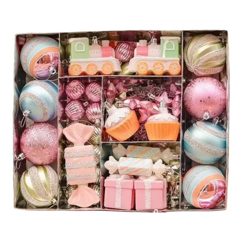 Fêtes Couture - Cotton Candy Brush Pink 70Pcs Christmas Ornaments Set