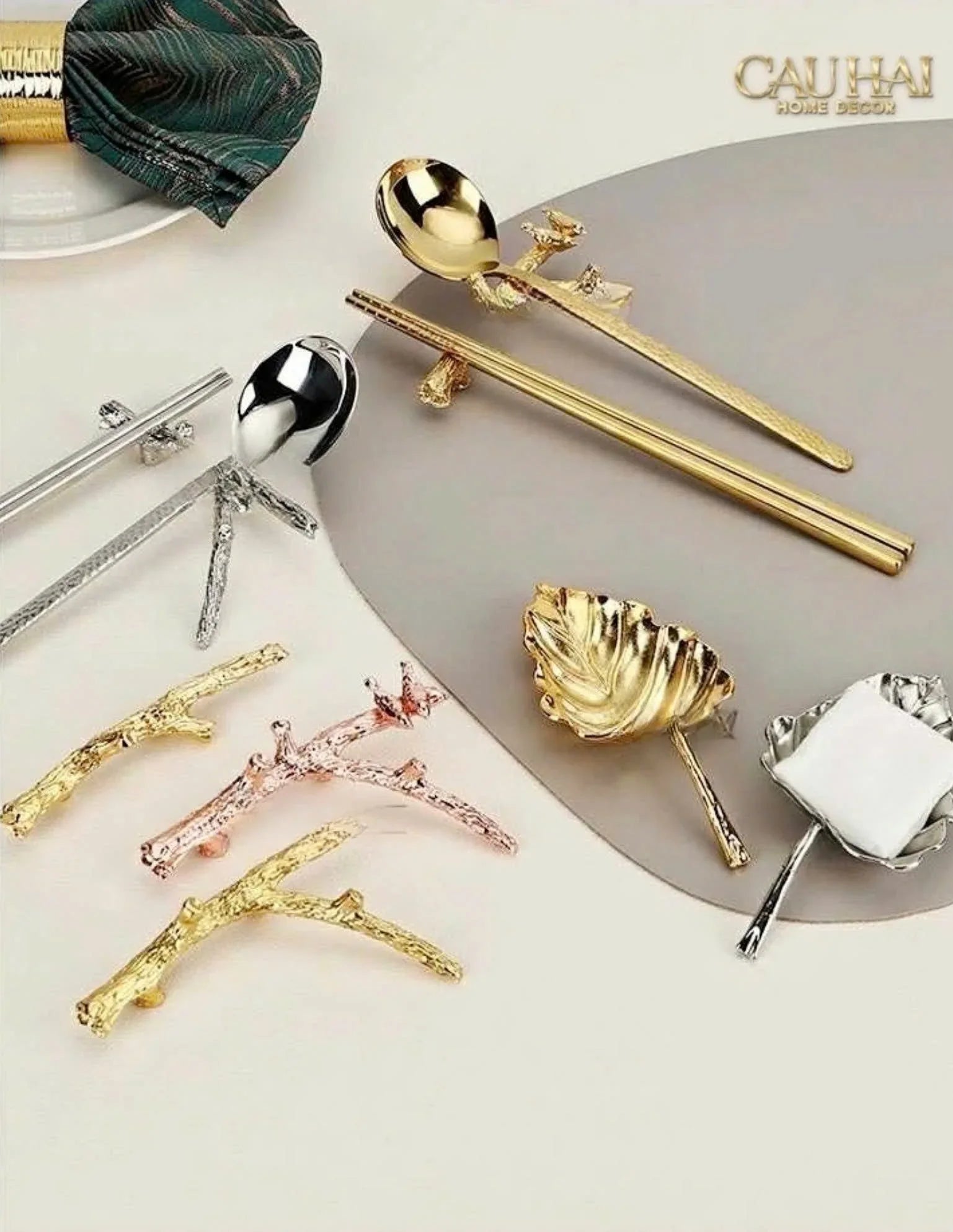 Gác Đũa Nhánh Cây Golden Bird Branch Harmony Premium Chopstick Rack 11 x 8.4 cm-Dinner Cutlery Set Dao Muỗng Nĩa-CẬU HAI HOME DECOR