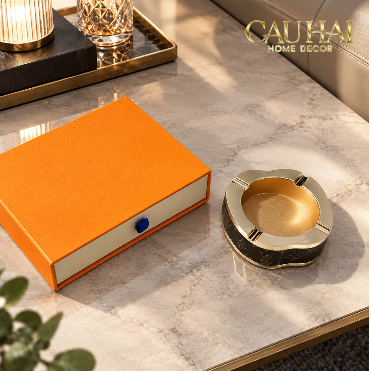 Gạt Tàn Kim Loại Bọc Da Louis Monogram Havana 15x15-Gạt Tàn-CẬU HAI HOME DECOR-CẬU HAI HOME DECOR