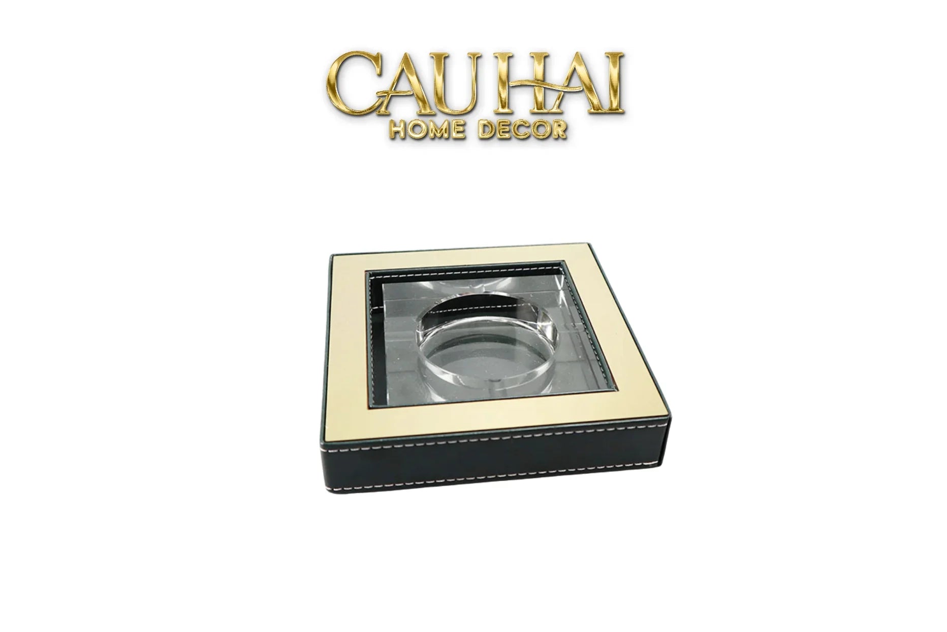 Gạt Tàn Pha Lê Bọc Viền Da Cendrier Cristalleries Clair Squares Ashtray 15x15-CẬU HAI HOME DECOR