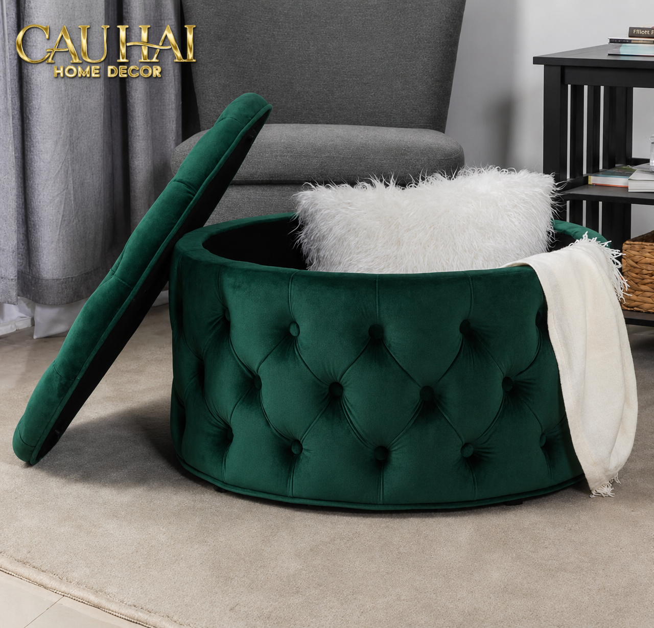 Ghế Đôn Nhung Tròn Chester Époque Emerald 90x40-NỘI THẤT-CẬU HAI HOME DECOR