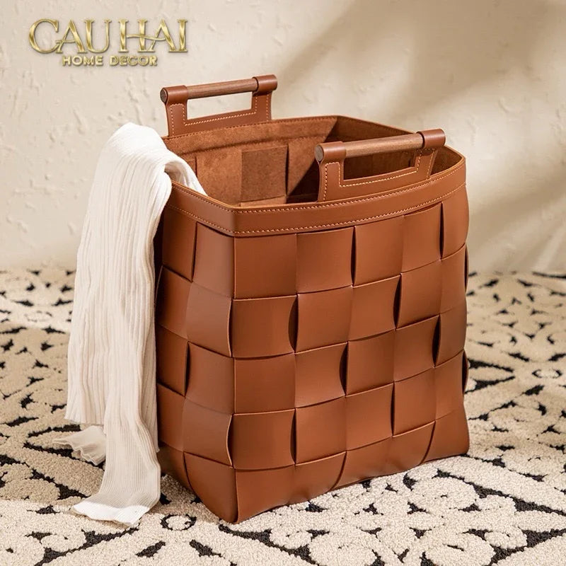 Giỏ Đựng Đồ Lux Leather Caramel Woven Laundry Bag - Special Charm.-KHAY TRANG TRÍ-CẬU HAI HOME DECOR