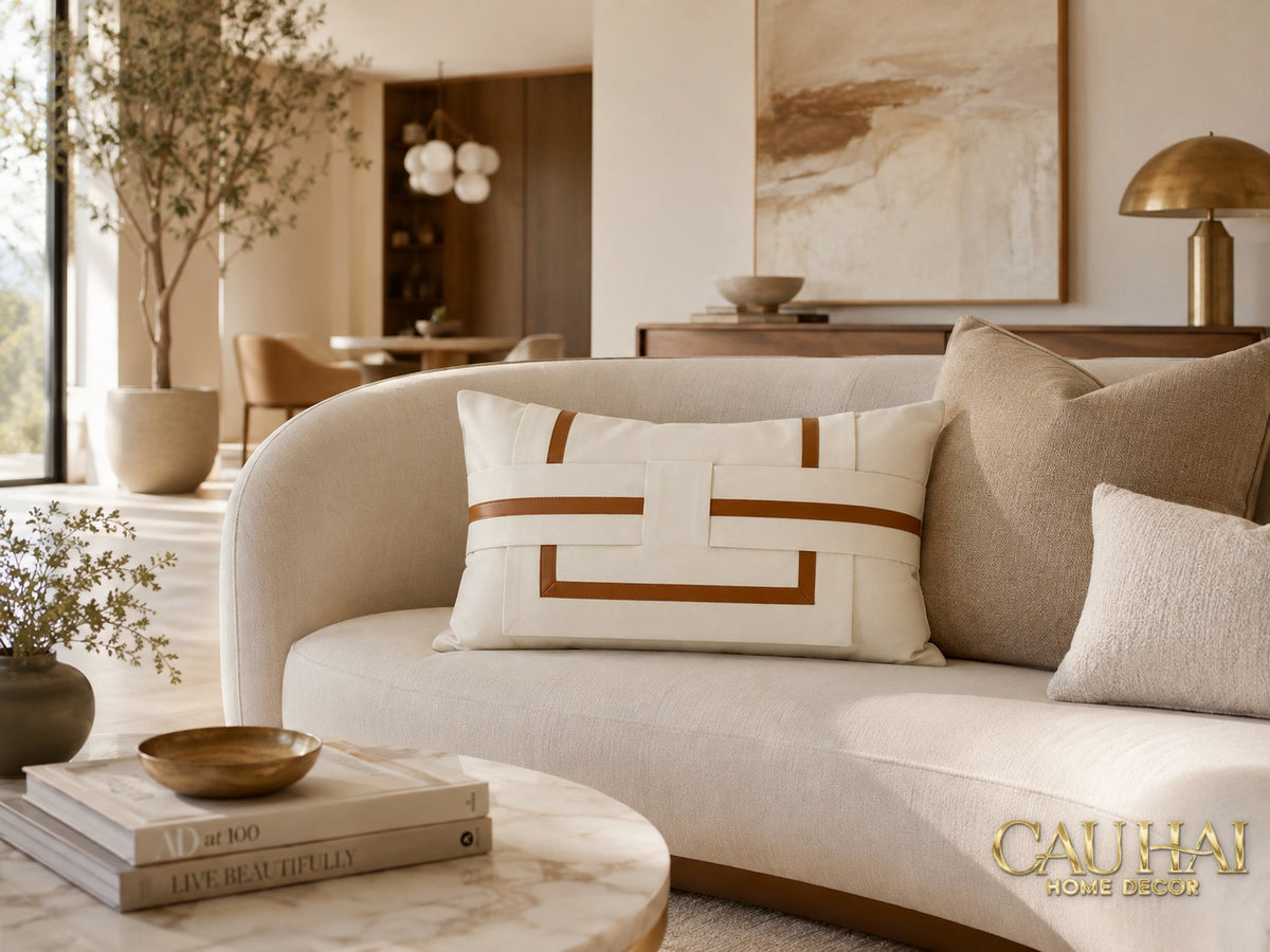 Gối Da Cadre Harnais Ivory Cognac 30x50-VỎ GỐI SOFA-CẬU HAI HOME DECOR-CẬU HAI HOME DECOR