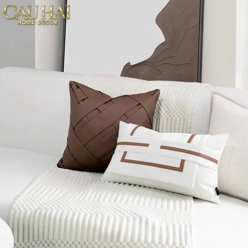 Gối Da Cadre Harnais Ivory Cognac 30x50-VỎ GỐI SOFA-CẬU HAI HOME DECOR-CẬU HAI HOME DECOR