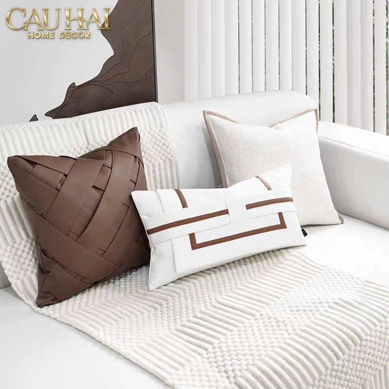 Gối Da Cadre Harnais Ivory Cognac 30x50-VỎ GỐI SOFA-CẬU HAI HOME DECOR-CẬU HAI HOME DECOR