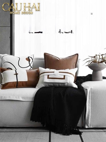 Gối Da Cadre Harnais Ivory Cognac 30x50-VỎ GỐI SOFA-CẬU HAI HOME DECOR-CẬU HAI HOME DECOR