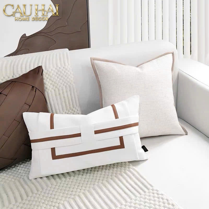 Gối Da Cadre Harnais Ivory Cognac 30x50-VỎ GỐI SOFA-CẬU HAI HOME DECOR-CẬU HAI HOME DECOR