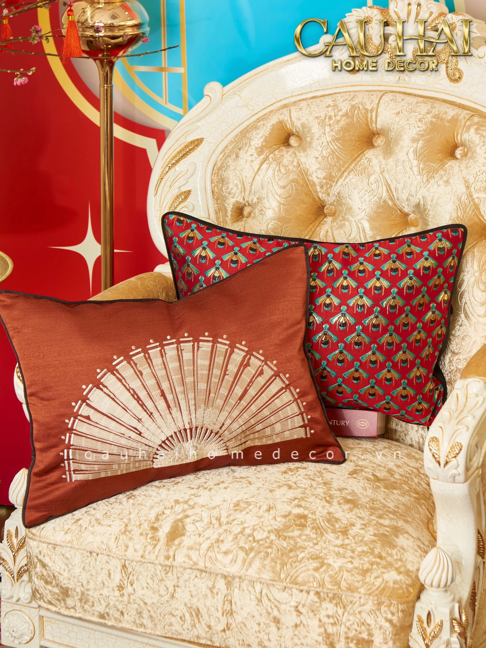 Gối Jacquard Rouge Oriental Éventail Lunaire d’Or 35x50-VỎ GỐI-CẬU HAI HOME DECOR