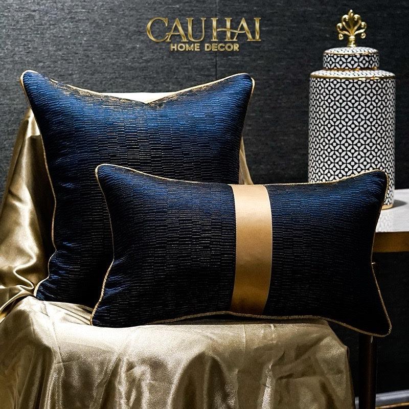 Gối Lụa Jacquard Navy Sovereign Golden Lignes 30X50-VỎ GỐI-CẬU HAI HOME DECOR