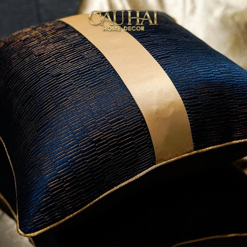 Gối Lụa Jacquard Navy Sovereign Golden Lignes 30X50-VỎ GỐI-CẬU HAI HOME DECOR