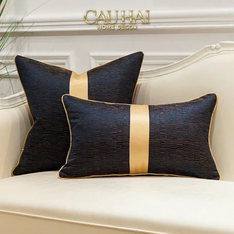 Gối Lụa Jacquard Navy Sovereign Golden Lignes 30X50-VỎ GỐI-CẬU HAI HOME DECOR