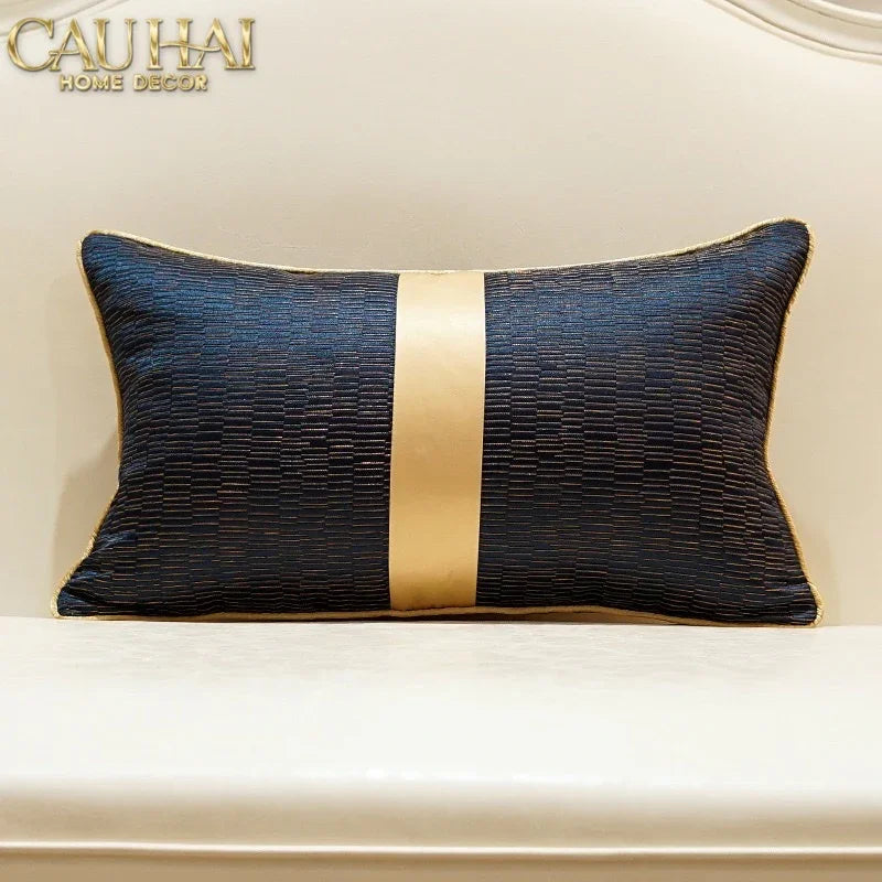 Gối Lụa Jacquard Navy Sovereign Golden Lignes 30X50-VỎ GỐI-CẬU HAI HOME DECOR