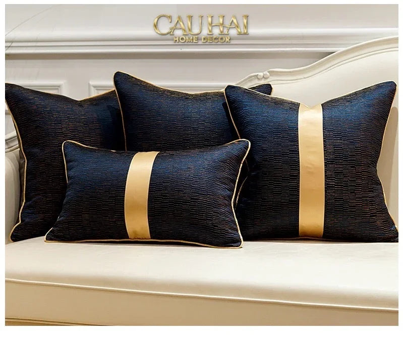 Gối Lụa Jacquard Navy Sovereign Golden Lignes 30X50-VỎ GỐI-CẬU HAI HOME DECOR