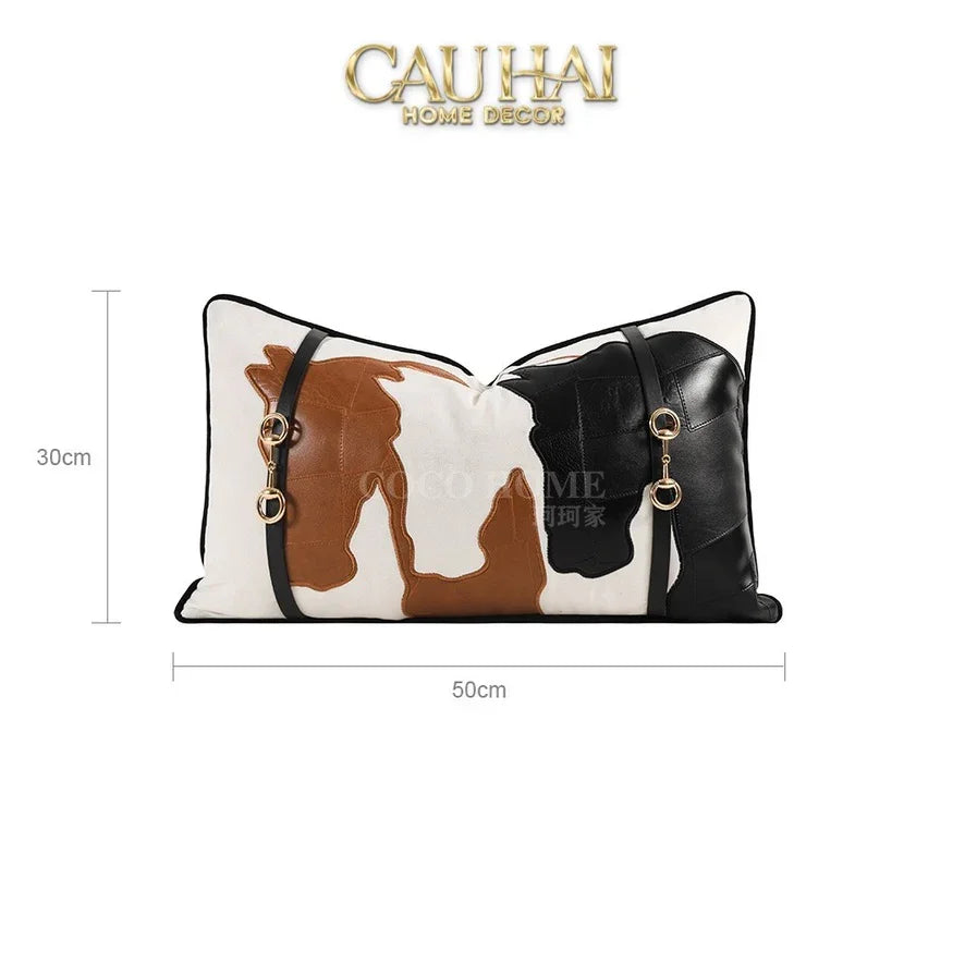 Gối Nhung Leather Équestre Patchwork Harness 30X50-VỎ GỐI-CẬU HAI HOME DECOR
