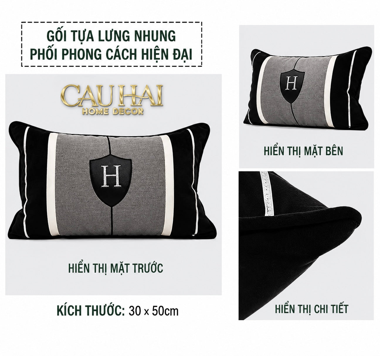 Gối Nhung Noir Heritage H Crest 30X50-VỎ GỐI-CẬU HAI HOME DECOR