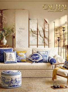 Gối Nhung Quạt IndigoEmperor Fan Indochine Art Cushion-VỎ GỐI-CẬU HAI HOME DECOR