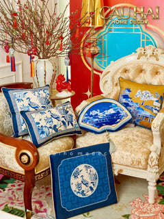 Gối Nhung Quạt IndigoEmperor Fan Indochine Art Cushion-VỎ GỐI-CẬU HAI HOME DECOR