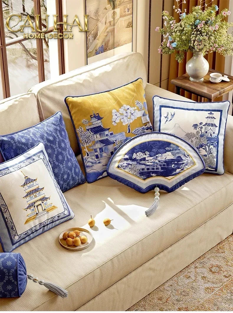 Gối Nhung Quạt IndigoEmperor Fan Indochine Art Cushion-VỎ GỐI-CẬU HAI HOME DECOR