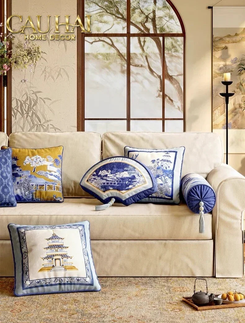 Gối Nhung Quạt IndigoEmperor Fan Indochine Art Cushion-VỎ GỐI-CẬU HAI HOME DECOR