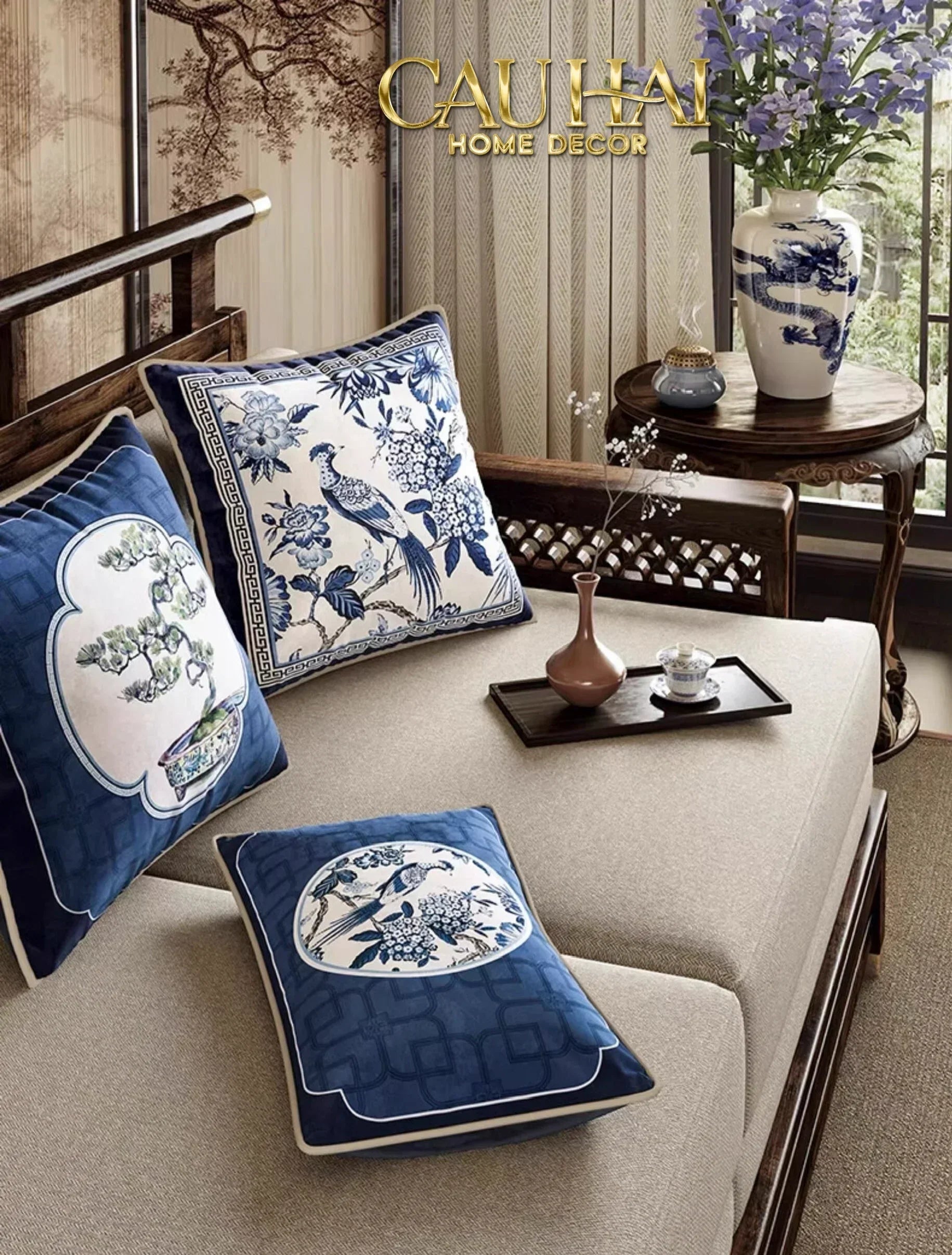 Gối Nhung Quạt IndigoEmperor Fan Indochine Art Cushion-VỎ GỐI-CẬU HAI HOME DECOR