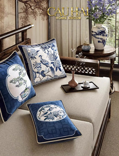 Gối Nhung Quạt IndigoEmperor Fan Indochine Art Cushion-VỎ GỐI-CẬU HAI HOME DECOR