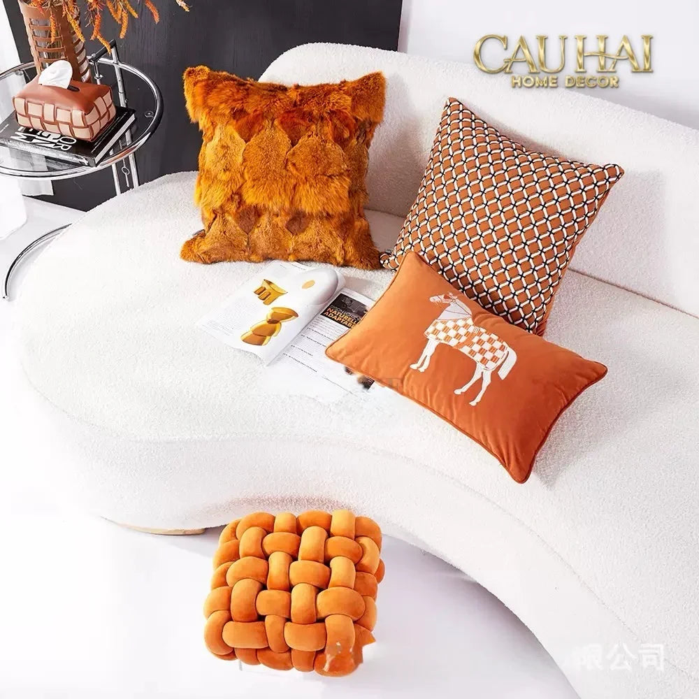Gối Nhung Thêu Équestre Moderne Cognac Embroidered 30x50-CẬU HAI HOME DECOR