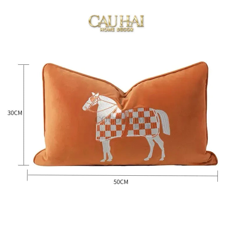 Gối Nhung Thêu Équestre Moderne Cognac Embroidered 30x50-VỎ GỐI-CẬU HAI HOME DECOR-CẬU HAI HOME DECOR