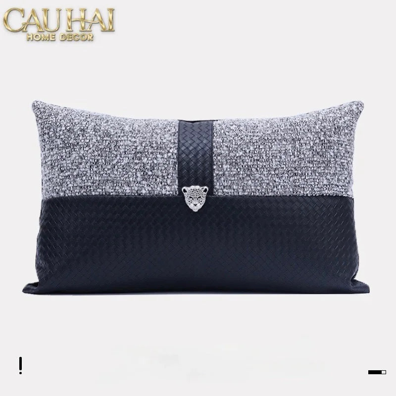Gối Tweed Leather Midnight Sentinel Panther 30X50-VỎ GỐI-CẬU HAI HOME DECOR