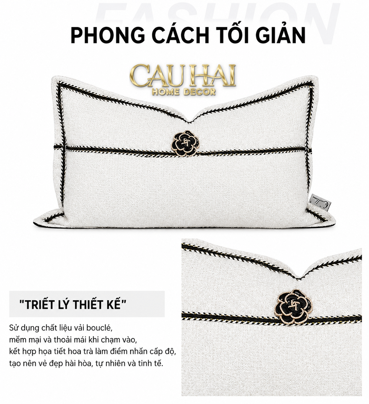 Gối Tweed White Camélia 30X50-VỎ GỐI-CẬU HAI HOME DECOR