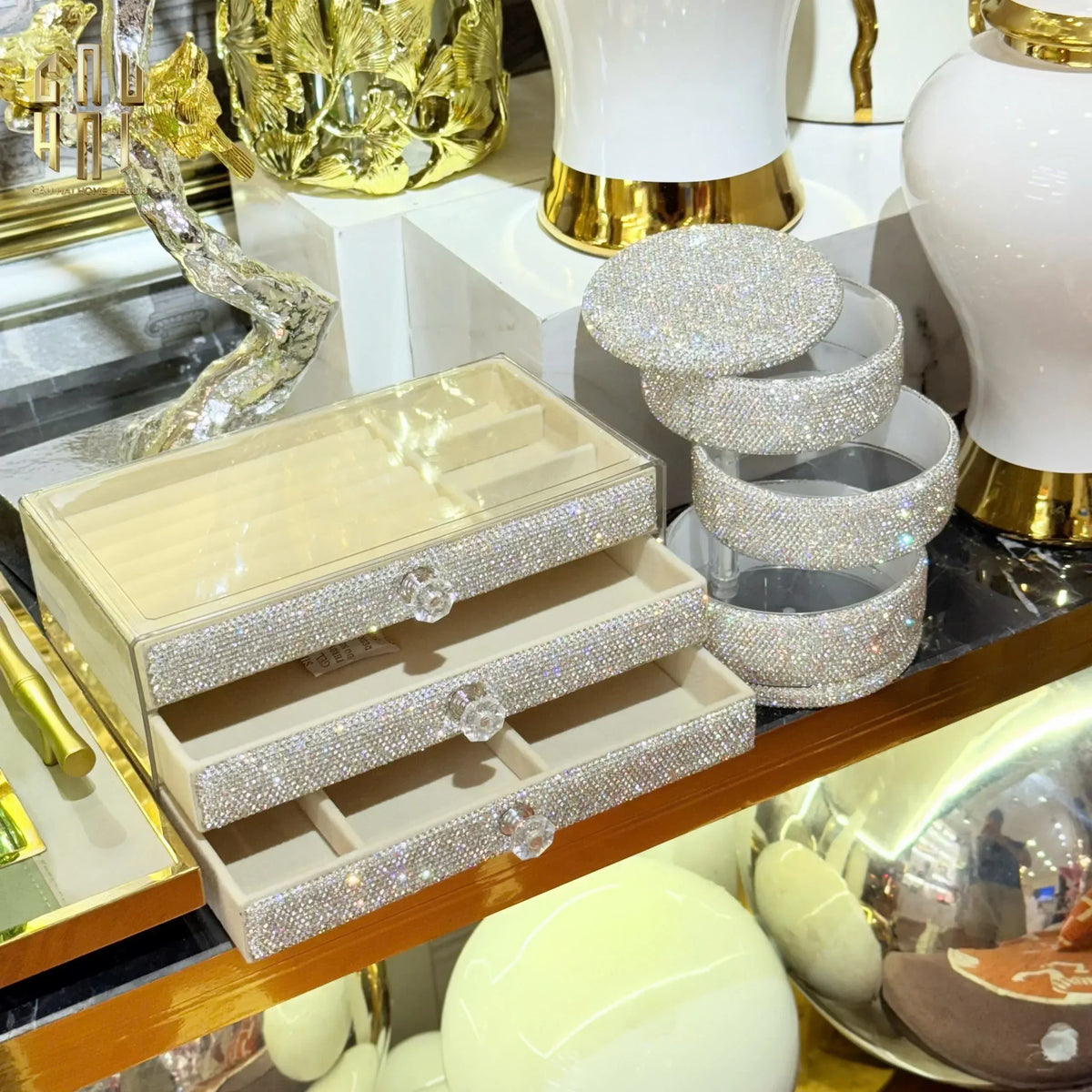 Haute Folie - Hộp Trang Sức 3-In-1 Diamond Bling Bling-HỘP TRANG SỨC-Đối tác tại Trung Quốc theo từng đơn đặt hàng-CẬU HAI HOME DECOR