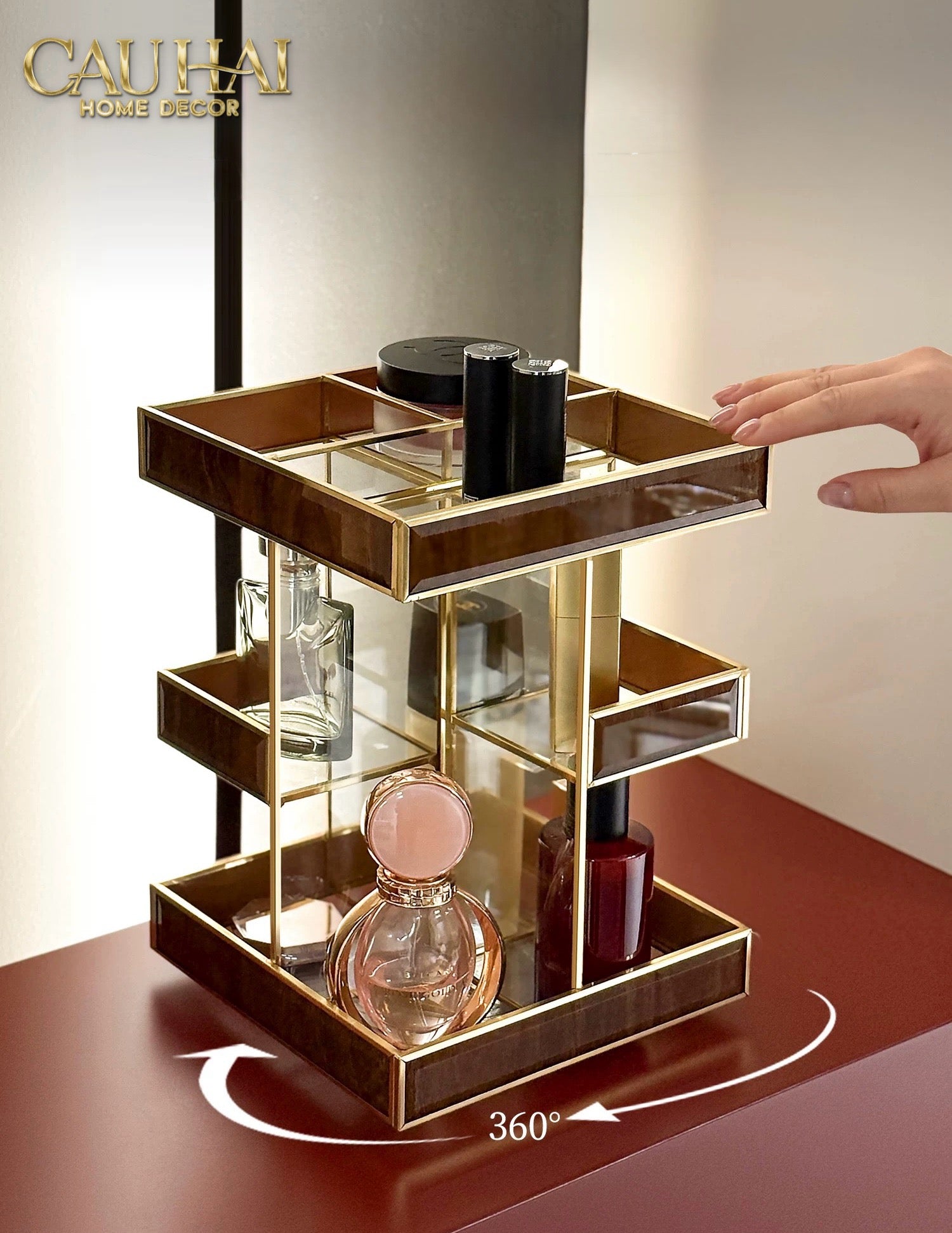 Haute Folie - Kệ 3 Tầng Thuỷ Tinh Xoay 360• Bàn Trang Điểm Élégance Rotating Vanity Organizer 20x20x28.8-CẬU HAI HOME DECOR