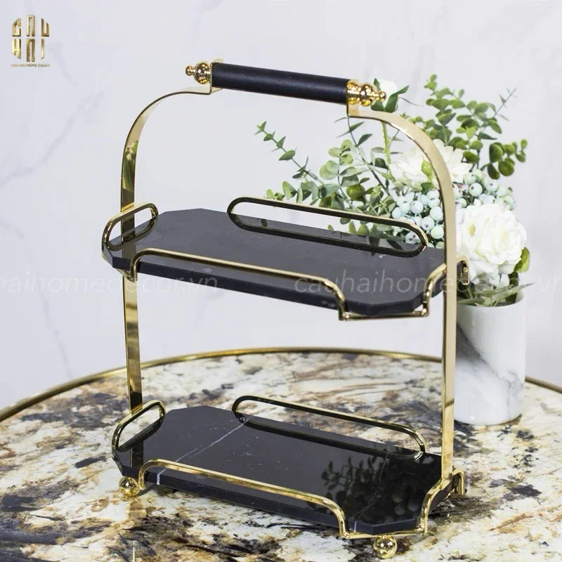 Haute Folie - Kệ Bàn Trang Điểm 2 Tầng Đá Marble Đen - Manor Tiered Organizers 30x37-Khay Kệ Tầng-CẬU HAI HOME DECOR