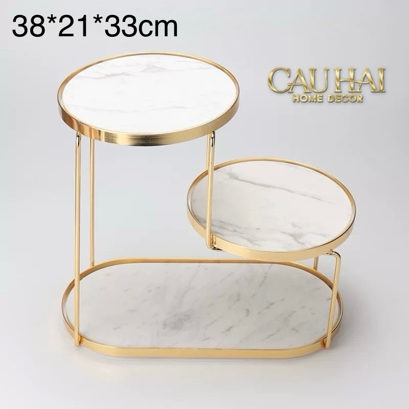 Haute Folie - Khay Kệ Đá Marble Trắng Tròn 2 Tầng Bàn Trang Điểm - New Orion Urban Marble Trays-Khay Kệ Tầng-CẬU HAI HOME DECOR-CẬU HAI HOME DECOR