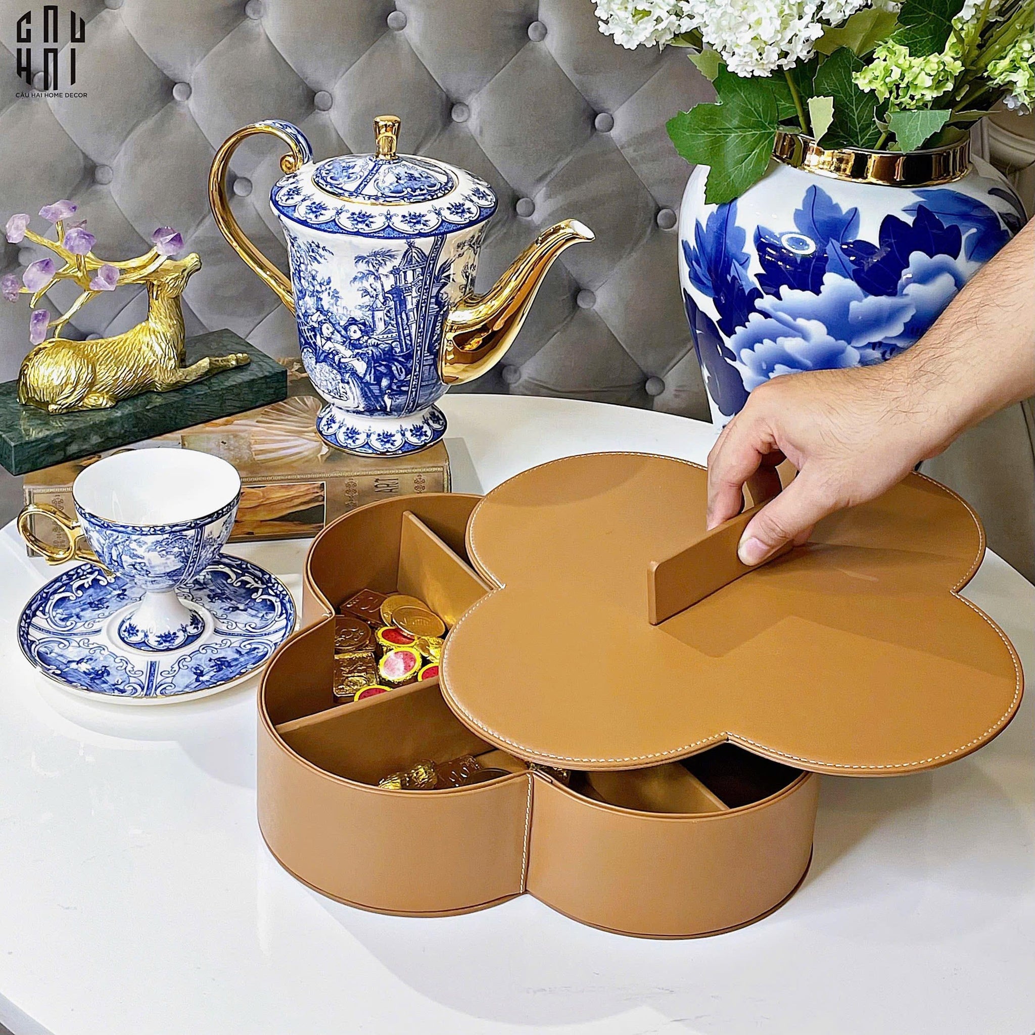 Hộp Bánh Mứt Da Lux Leather Terra Fleur Monogram 33-Lọ kẹo Canister Bonbonnière-CẬU HAI HOME DECOR