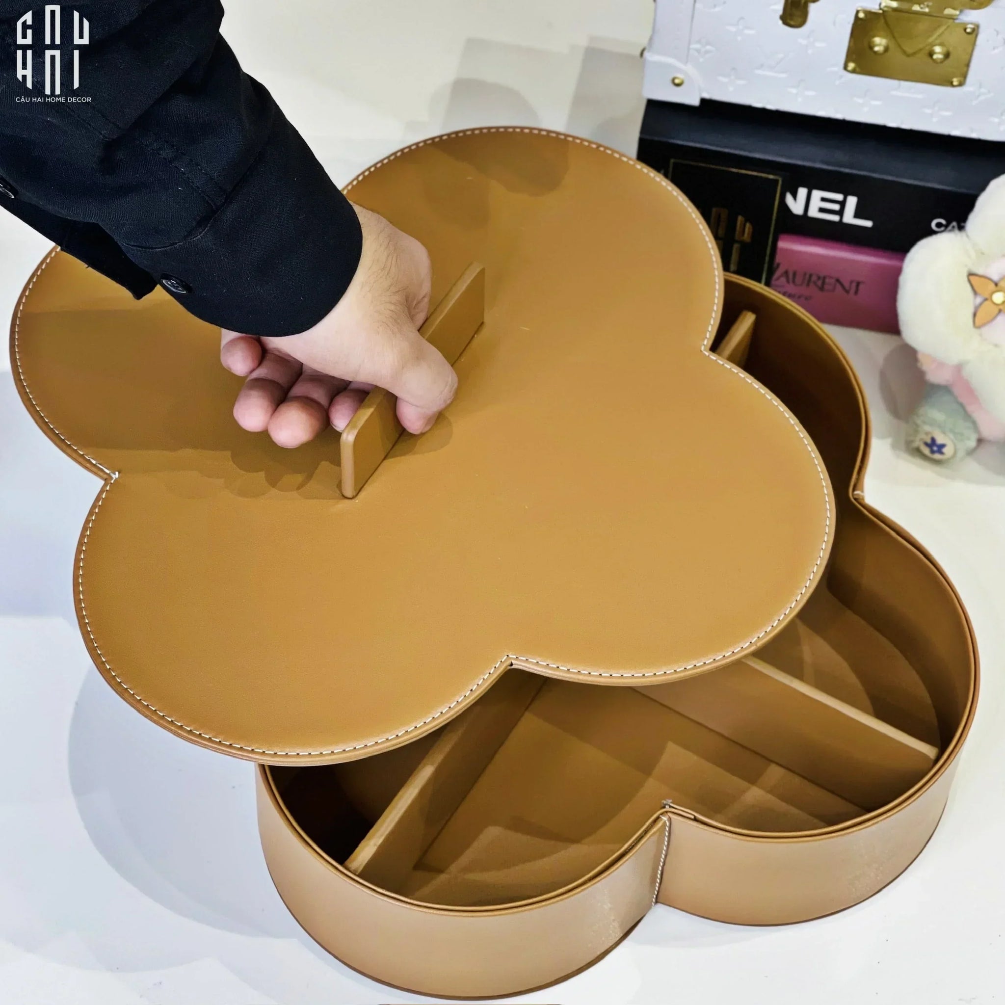 Hộp Bánh Mứt Da Lux Leather Terra Fleur Monogram 33-Lọ kẹo Canister Bonbonnière-CẬU HAI HOME DECOR