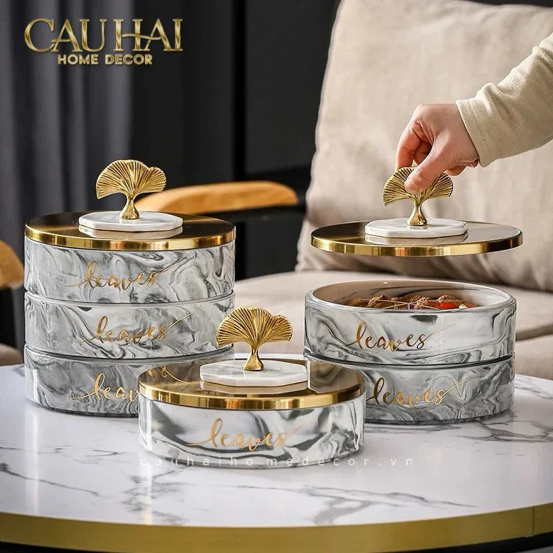 Hộp Bánh Mứt Lá Ngân Hạnh 2 Tầng Millennium Ginkgo D20-Lọ kẹo Canister Bonbonnière-CẬU HAI HOME DECOR