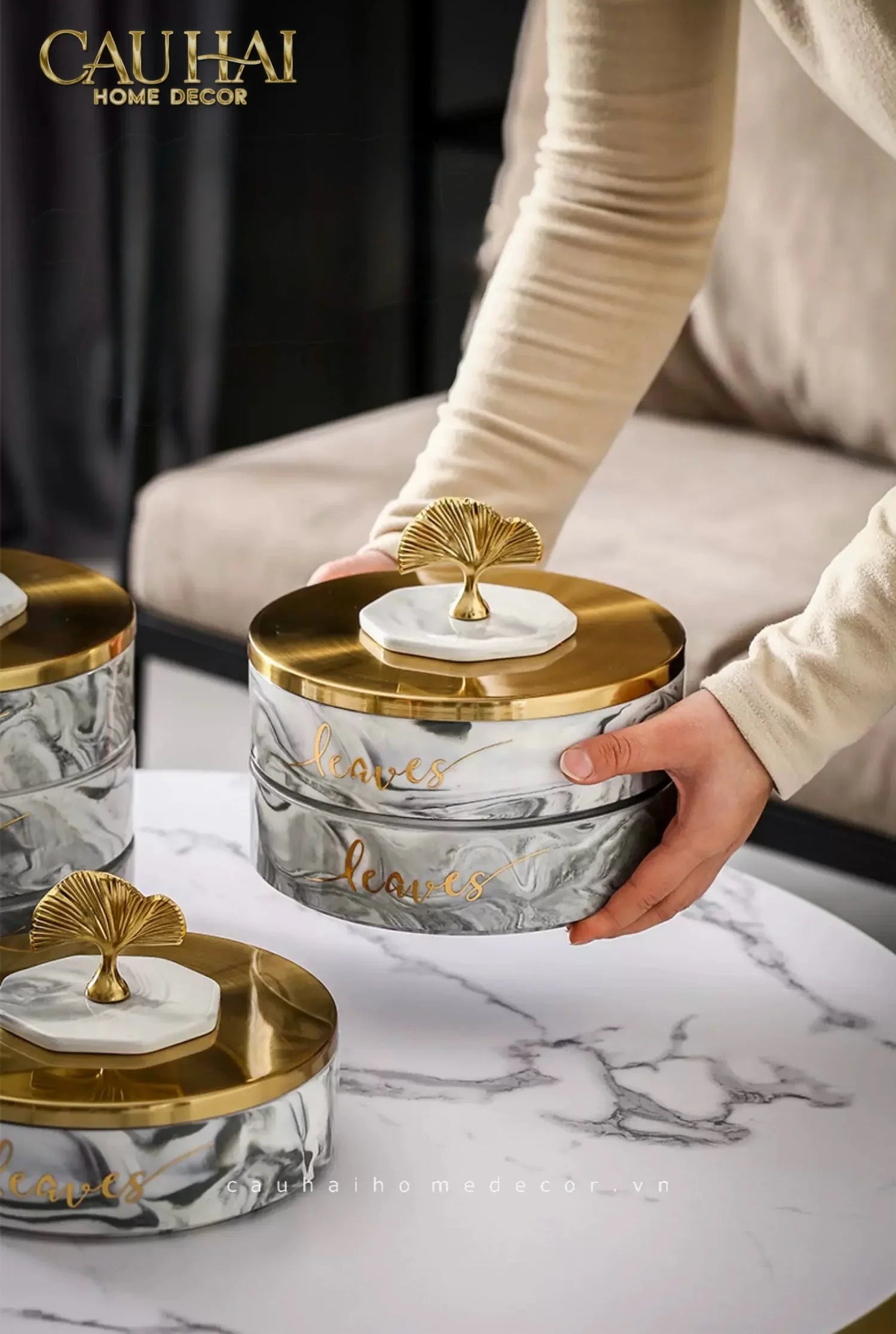 Hộp Bánh Mứt Lá Ngân Hạnh 2 Tầng Millennium Ginkgo D20-Lọ kẹo Canister Bonbonnière-CẬU HAI HOME DECOR