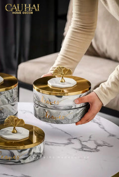 Hộp Bánh Mứt Lá Ngân Hạnh 2 Tầng Millennium Ginkgo D20-Lọ kẹo Canister Bonbonnière-CẬU HAI HOME DECOR