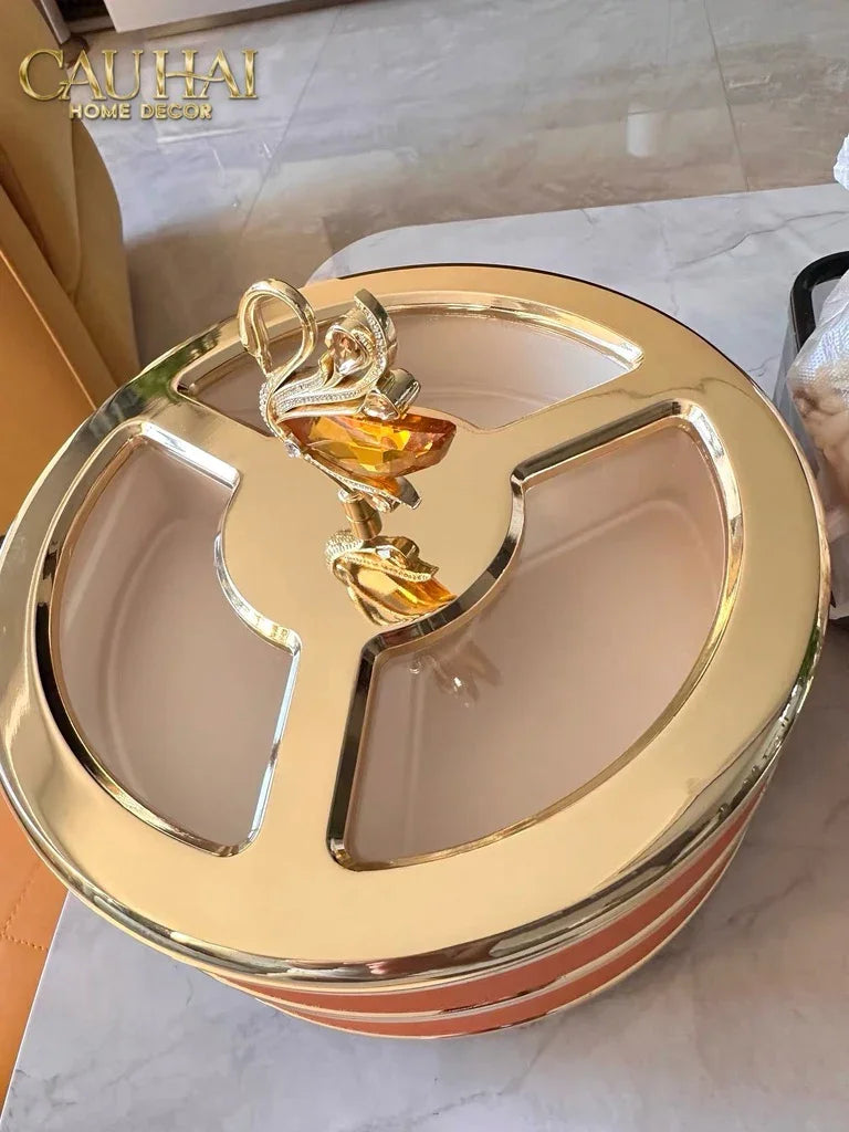 Hộp Bánh Mứt Thiên Nga 2 Tầng Jewelry Swan Solitaire Vermilion Patina 26x21-Lọ kẹo Canister Bonbonnière-CẬU HAI HOME DECOR