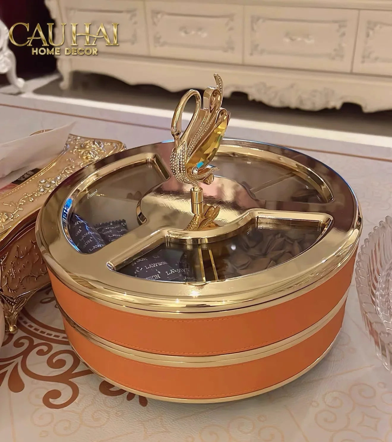 Hộp Bánh Mứt Thiên Nga 2 Tầng Jewelry Swan Solitaire Vermilion Patina 26x21-Lọ kẹo Canister Bonbonnière-CẬU HAI HOME DECOR